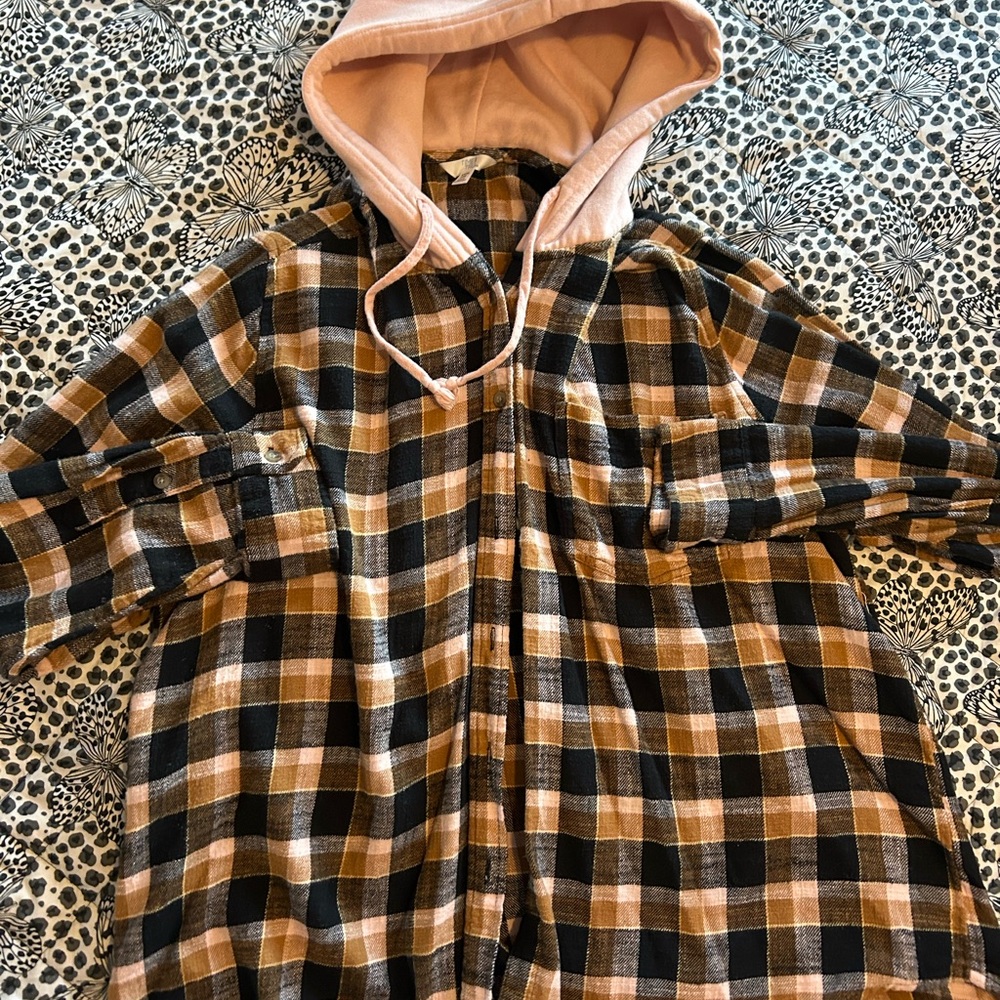Peach Hooded Plaid Shacket
